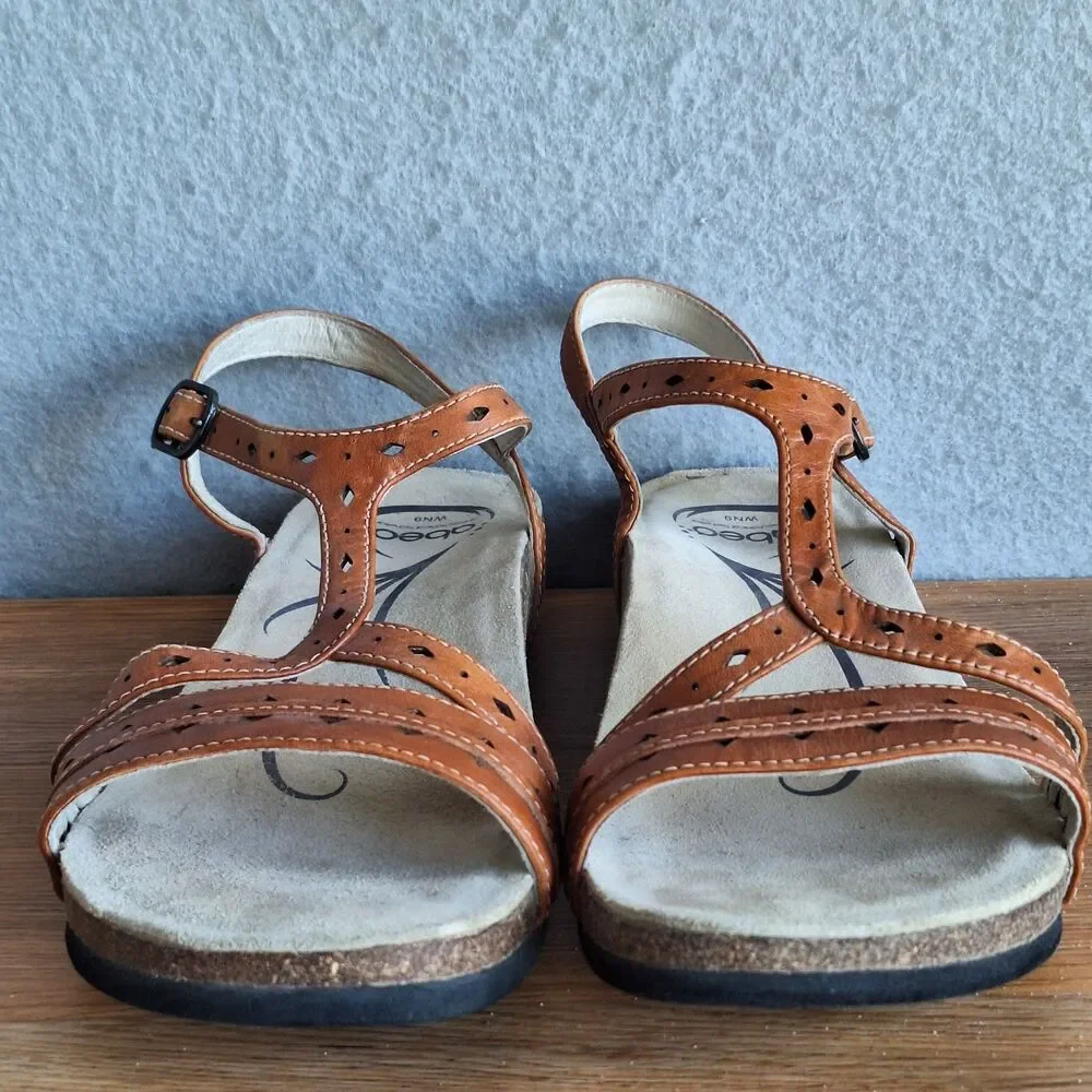 ABEO Basha Sandals Women 9 N Brown Leather Wedge Slingback Comfort Shoes Walking